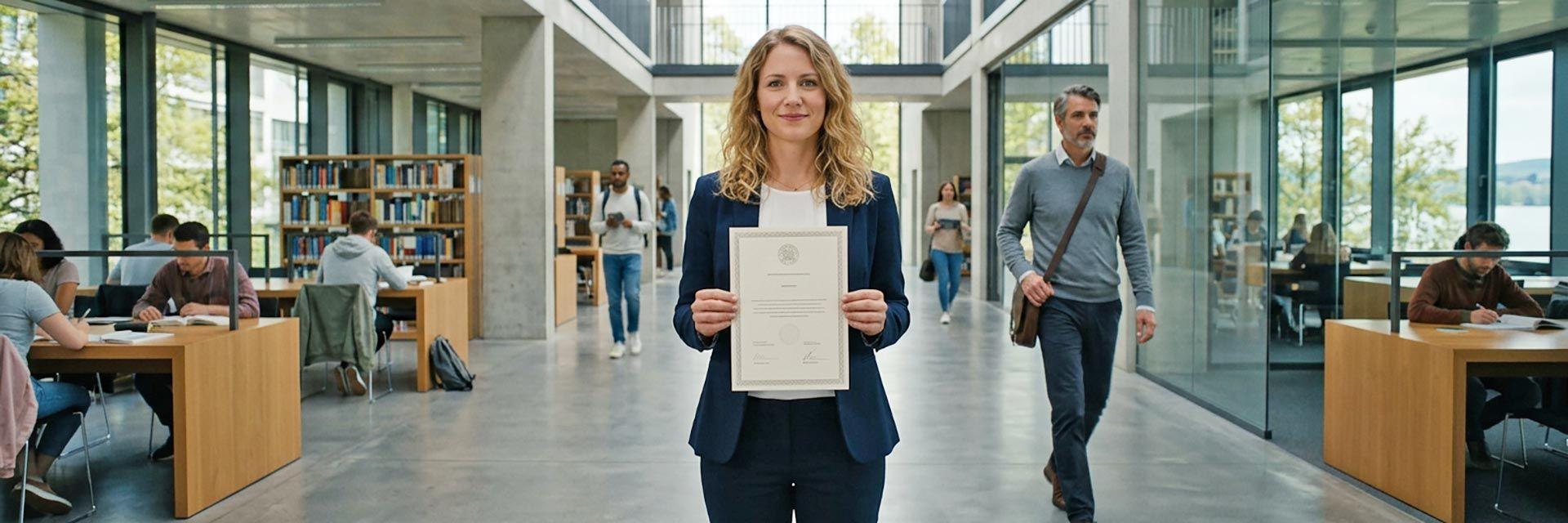 Frau präsentiert stolz ihr Zertifikat