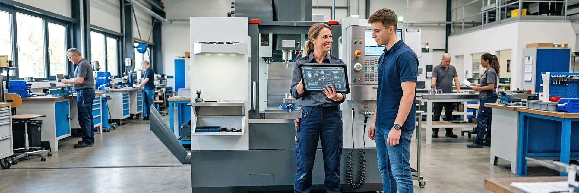 Frau erklärt einem Kollegen am Tablet