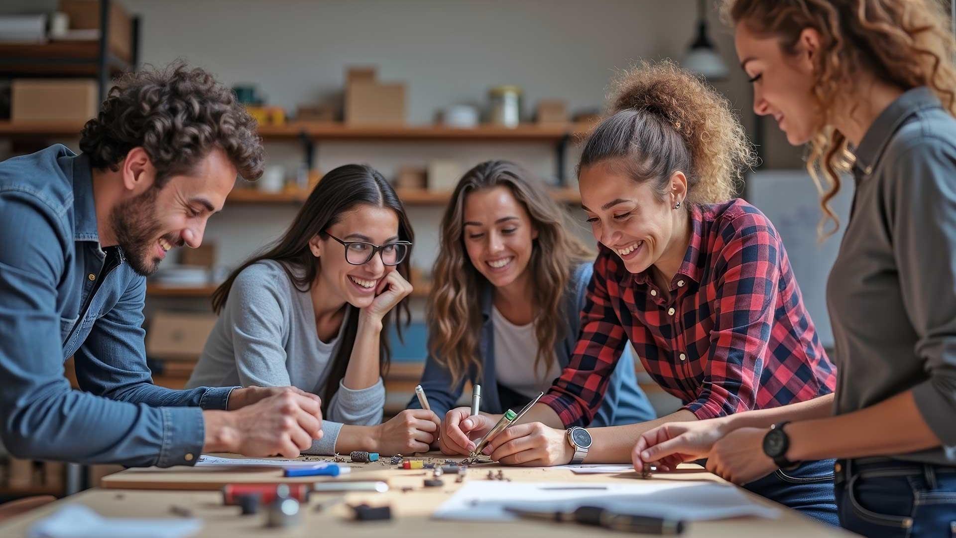 Zu sehen ist eine engagierte Gruppe von Mitarbeitenden bei der Zusammenarbeit an einem Projekt, die für eine starke Mitarbeiterbindung steht