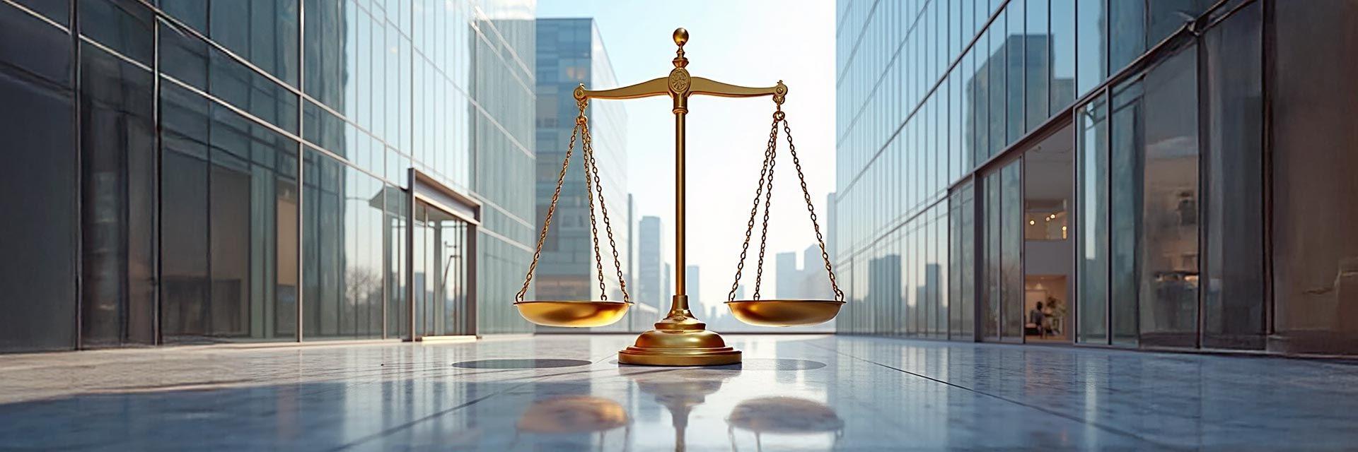 Abgebildet ist eine ausgewogene Waage vor einem zeitgemäßen Gebäude, die Fairness innerhalb der Unternehmenskultur repräsentiert
